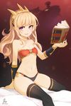  2015 absurdres arm_support bandeau black_legwear blonde_hair blush book breasts cagliostro_(granblue_fantasy) collarbone curly_hair dated dragon granblue_fantasy highres long_hair looking_at_viewer mou_tama_maru navel open_mouth panties purple_eyes sitting small_breasts smile solo stomach thighhighs underboob underwear 