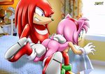  across_lap amy_rose anthro bbmbbf bed breasts butt clothing cute dreadlocks duo echidna female footwear fur gloves green_eyes hair hand_on_back hand_on_thigh hedgehog hi_res imminent_spanking knuckles_the_echidna male male/female mammal mobian_(species) mobius_unleashed monotreme nude palcomix pink_fur pink_hair purple_eyes pussy red_fur shocked shoes short_hair side_boob sitting smile sonic_(series) 