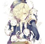  animal animal_on_shoulder artist_name black_neckwear blonde_hair clothed_animal collared_shirt gokotai gokotai's_tigers hair_over_one_eye hat heart highres holding holding_animal jacket long_sleeves looking_at_viewer male_focus military military_uniform necktie petting shiro_(himawari) shirt signature simple_background sleeves_folded_up slit_pupils smile solo tiger tiger_cub touken_ranbu uniform upper_body white_background white_shirt white_tiger yellow_eyes 