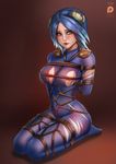 areola_slip areolae arms_behind_back artist_name badcompzero bdsm between_breasts blue_hair blush bodysuit bondage bound bound_arms bound_legs breasts covered_navel crotch_rope frostblade_irelia frown gradient gradient_background groin hair_ornament irelia large_breasts league_of_legends lipstick machinery makeup orange_background orange_eyes patreon_logo shibari shoulder_pads sideboob simple_background sitting skin_tight solo torn_bodysuit torn_clothes watermark 
