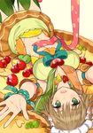  brown_hair cherry food foreshortening fruit fruit_tart green_eyes headdress looking_at_viewer lying midriff navel ninomoto on_back open_mouth original outstretched_arms personification short_hair skirt smile solo thighhighs upside-down 