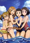  :d absurdres ass asuna_(sao) back bikini bikini_skirt black_eyes breasts brown_hair casual_one-piece_swimsuit cleavage competition_school_swimsuit day freckles girl_sandwich hair_ornament hairclip half_updo hands_on_another's_back hands_on_another's_stomach highres holding_hands kirigaya_suguha lisbeth long_hair medium_breasts multiple_girls ocean official_art one-piece_swimsuit open_mouth sandwiched school_swimsuit short_hair short_twintails silica small_breasts smile striped striped_bikini swimsuit sword_art_online twintails wading watanabe_keisuke water 