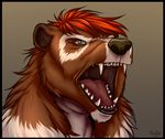  anthro bear brown_fur dimikendal101 fur hair half-closed_eyes invalid_color male mammal open_mouth red_hair sharp_teeth simple_background solo teeth tongue 
