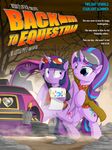  &lt;3 2015 back_to_the_future blue_eyes car clothing delorean dr._emmett_brown engrishman equine eyewear female friendship_is_magic frown hair hi_res horn looking_back mammal marty_mcfly_(character) multicolored_hair my_little_pony parody purple_eyes scroll smile starlight_glimmer_(mlp) sunglasses text tree twilight_sparkle_(mlp) unicorn vehicle winged_unicorn wings 