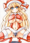  :&lt; arms_behind_head arms_up black_panties blonde_hair blue_eyes boots breasts christmas_elf dress elbow_gloves elf gloves graphite_(medium) hat large_breasts long_hair looking_at_viewer marker_(medium) midriff millipen_(medium) navel navel_cutout original panties partially_visible_vulva pointy_ears red_dress red_footwear red_gloves revealing_clothes santa_costume santa_hat short_dress solo squiggle thigh_boots thighhighs traditional_media underboob underboob_cutout underwear very_long_hair yutakasan-love 