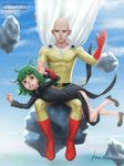  1girl abs bad_id bad_pixiv_id bald black_dress black_eyes blue_sky boots cape clenched_teeth cloud day debris dress expressionless gloves gohpot green_eyes green_hair high_heels highres motion_blur one-punch_man realistic red_footwear red_gloves saitama_(one-punch_man) signature sitting sky spanking tatsumaki tears teeth watermark web_address zipper 