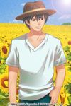  akasaka_mamoru black_hair field flower flower_field hat higurashi_no_naku_koro_ni izumi_natsuka male_focus smile solo sunflower sunlight 