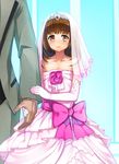  1girl bare_shoulders blush bridal_veil bride brown_eyes brown_hair dress elbow_gloves flat_chest flower gloves hair_ornament holding_hands km_(nijie104352) long_hair original pink_dress pink_wedding_dress size_difference smile solo_focus veil wedding wedding_dress 