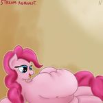  2015 audax belly big_belly blue_eyes earth_pony equine female friendship_is_magic fur hair hooves horse mammal my_little_pony navel overweight pink_hair pinkie_pie_(mlp) pony simple_background slightly_chubby smile solo tongue vore 
