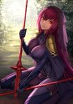 bad_id bad_pixiv_id bodysuit breasts circlet dual_wielding fate/grand_order fate_(series) from_side gae_bolg holding large_breasts long_hair looking_at_viewer parted_lips planted_weapon polearm purple_bodysuit purple_hair red_eyes scathach_(fate)_(all) scathach_(fate/grand_order) shijiu_(adamhutt) sitting solo spear veil very_long_hair wariza weapon 