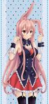  animal_ears black_legwear bunny_ears fei_miao garter_straps highres kurousagi_(mondaiji) long_hair mondaiji-tachi_ga_isekai_kara_kuru_sou_desu_yo? pink_hair pleated_skirt red_eyes red_skirt skirt solo thighhighs very_long_hair 