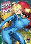  blonde_hair blue_eyes blush bodysuit breasts cover cover_page covered_nipples doujin_cover huge_breasts impossible_clothes large_breasts long_hair metroid mole mole_under_mouth onomeshin open_mouth ponytail power_armor power_suit samus_aran solo sweatdrop zero_suit 