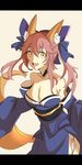 animal_ears bare_shoulders bow breasts cleavage collarbone detached_sleeves fate/extra fate_(series) fox_ears fox_tail hair_bow hair_ribbon highres japanese_clothes large_breasts long_hair pink_hair ribbon solo tail tamamo_(fate)_(all) tamamo_no_mae_(fate) twintails wuke_(hp421220153) yellow_eyes 
