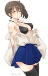  bangs black_bra black_legwear blue_skirt bra brown_hair cowboy_shot hair_between_eyes japanese_clothes kaga_(kantai_collection) kantai_collection long_hair looking_at_viewer miniskirt motohara_moka side_ponytail simple_background sketch skirt solo thighhighs twitter_username underwear undressing white_background wide_sleeves yellow_eyes zettai_ryouiki 