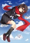  black_legwear black_skirt brown_eyes brown_hair fei_miao hair_ornament highres kagerou_project lying on_side origami paper_crane pleated_skirt red_scarf scarf school_uniform skirt smile socks solo tateyama_ayano 