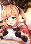  1girl :d aqua_eyes bent_over black_gloves black_legwear blush breasts brown_hair clarisse_(granblue_fantasy) double_v eyebrows_visible_through_hair gloves granblue_fantasy hair_ribbon hetero highres large_breasts long_hair md5_mismatch open_mouth paizuri paizuri_under_clothes panties penis ponytail ribbed_sweater ribbon see-through sleeveless sleeveless_turtleneck smile solo_focus sweater thighhighs turtleneck underwear uni8 v white_panties 