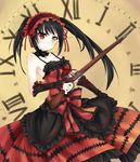  bad_id bad_pixiv_id black_hair clock clock_eyes date_a_live dress fei_miao gothic_lolita gun headdress heterochromia highres holding holding_gun holding_weapon lolita_fashion long_hair red_dress red_eyes roman_numerals smile solo symbol-shaped_pupils tokisaki_kurumi weapon yellow_eyes 