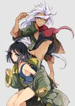  ahoge bangs belt black_hair blue_eyes breasts cleavage closed_mouth coat dark_skin genderswap genderswap_(mtf) grey_background gundam gundam_tekketsu_no_orphans jacket large_breasts long_hair long_sleeves looking_at_viewer mikazuki_augus multiple_girls navel off_shoulder orga_itsuka pants pinki_(shounenkakuseiya) red_scarf scarf short_hair shorts simple_background sketch sleeveless sleeves_rolled_up small_breasts smile stomach tank_top underboob white_hair yellow_eyes 