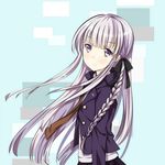  bad_id bad_pixiv_id black_ribbon braid brown_neckwear danganronpa danganronpa_1 fei_miao hair_ribbon kirigiri_kyouko long_hair looking_at_viewer necktie purple_eyes ribbon silver_hair solo 