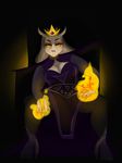  boss_monster breasts caprine cleavage clothed clothing crown eyelashes female fire frown fur goat high_heels horn laureldraws long_ears mammal monster queen red_eyes royalty sitting solo throne toriel toriel_(underfell) underfell undertale video_games white_fur yellow_sclera 