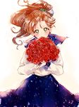  ahma bishoujo_senshi_sailor_moon blouse blue_skirt blush bouquet brown_hair covered_mouth cowboy_shot earrings flower green_eyes hair_bobbles hair_ornament highres holding holding_flower jewelry juuban_high_school_uniform kino_makoto long_hair long_sleeves looking_at_viewer ponytail red_flower red_rose rose school_uniform serafuku skirt solo stitches white_blouse 