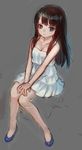  ama-tou bare_legs bare_shoulders black_eyes blue_footwear breasts cleavage dress full_body hands_together long_hair looking_at_viewer medium_breasts no_socks shoes sitting sketch solo white_dress 