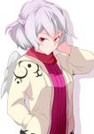  absurdres adapted_costume bow bowtie contemporary dress hand_in_pocket highres hood hoodie jacket kishin_sagume long_sleeves open_clothes purple_dress red_eyes shirt shiver_(siva-hl) short_hair silver_hair single_wing solo touhou wings 