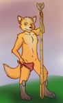  2015 anthro balls bandanna barefoot barely_clothed canine clothed clothing fox fox_mccloud front_view half-dressed looking_at_viewer male mammal mostly_nude navel nintendo penis_outline prosthetic sheath solo staff standing star_fox topless video_games zeff 