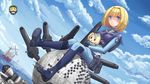  blonde_hair blue_eyes bodysuit character_doll doll dutch_angle hairband heavy_object highres huanghyy milinda_brantini object_(vehicle) short_hair sitting solo 