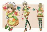  bow brown_hair character_sheet food fruit fruit_tart green_eyes headdress looking_at_viewer midriff ninomoto original outstretched_arm personification short_hair smile striped striped_legwear thighhighs 