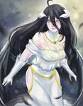  albedo bare_shoulders black_hair breasts cleavage dress elbow_gloves gloves highres hip_vent horns ikhwan_maulana large_breasts long_hair overlord_(maruyama) solo very_long_hair white_dress white_gloves 