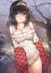  bare_shoulders bare_tree black_hair blue_eyes blush breasts breath check_commentary commentary_request hairband idolmaster idolmaster_cinderella_girls jewelry large_breasts long_hair necklace off-shoulder_sweater ribbed_sweater sagisawa_fumika snowing solo sweater tree yuran 