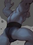  2015 agtaur anthro anus backsack balls belt big_muscles butt clenched_teeth digital_media_(artwork) erection low-angle_shot machoke male mostly_nude muscular nintendo perineum pok&eacute;mon raised_arm scalie signature solo teeth video_games 