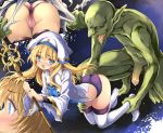  1girl ankle_grab ass blonde_hair blue_eyes blush commentary_request eyebrows_visible_through_hair goblin goblin_slayer! green_skin hat highres holding holding_staff imminent_rape kneeling kumakou long_hair long_sleeves monster open_mouth panties penis pink_panties pointy_ears priestess_(goblin_slayer!) purple_panties staff tears thighhighs tongue tongue_out torn_clothes underwear white_hat white_legwear 