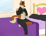  2015 anthro bed bedroom brown_hair canine clothed clothing dingo dr_zombie hair hoodie jacket looking_at_viewer male mammal midriff pants pillow smile solo window 