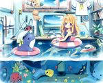  aikei_ake blonde_hair blue_eyes blush_stickers boat cat clock computer fish fishbowl innertube long_hair looking_at_viewer monitor multiple_girls octopus original oxygen_tank partially_submerged partially_underwater_shot plant potted_plant school_swimsuit school_uniform serafuku smile squid stylus swimsuit tablet water watercraft whale window 