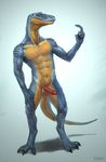  2015 3_toes 5_fingers abs anthro athletic balls blue_scales claws digitigrade erection hi_res humanoid_penis klongi lizard looking_at_viewer male muscular nude pecs penis red_eyes reptile scales scalie sharp_teeth simple_background solo teeth toes yellow_scales 
