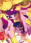  2015 apple book ciciya cute duo equine eyes_closed female feral food friendship_is_magic fruit hair horn leaves lying mammal multicolored_hair my_little_pony open_mouth princess_cadance_(mlp) sleeping smile twilight_sparkle_(mlp) unicorn winged_unicorn wings 