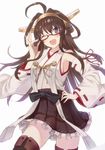  ;d ahoge bespectacled blush breasts brown_hair detached_sleeves glasses hairband hand_on_hip haru_(hiyori-kohal) kantai_collection kongou_(kantai_collection) long_hair medium_breasts nontraditional_miko one_eye_closed open_mouth pleated_skirt purple_eyes red-framed_eyewear ribbon-trimmed_sleeves ribbon_trim semi-rimless_eyewear shirt simple_background skirt sleeveless sleeveless_shirt smile solo sparkle under-rim_eyewear very_long_hair white_background 