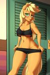  2015 anthro applejack_(mlp) big_breasts blush breasts cleavage clothed clothing earth_pony equine female friendship_is_magic horse mammal my_little_pony pony skecchiart solo undressing 