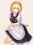  1girl alice_margatroid apron bangs black_dress blonde_hair blue_eyes blush breasts commentary_request cosplay cowboy_shot dress eyebrows_visible_through_hair flying_sweatdrops frilled_apron frilled_hairband frills grey_background hair_between_eyes hairband head_tilt highres kirisame_marisa kirisame_marisa_(cosplay) lolita_hairband looking_at_viewer medium_breasts open_mouth petticoat puffy_short_sleeves puffy_sleeves red_hairband rin_falcon shirt short_hair short_sleeves simple_background skirt_hold solo standing touhou waist_apron white_apron white_shirt 