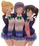  :d ;d ^_^ ayase_eli blazer blonde_hair blue_eyes blue_skirt blush bow bowtie brown_hair buttons cardigan closed_eyes collared_shirt crying dress_shirt girl_sandwich green_bow green_neckwear grin hair_between_eyes hair_bow hug jacket love_live! love_live!_school_idol_project multiple_girls one_eye_closed open_blazer open_clothes open_jacket open_mouth otonokizaka_school_uniform pink_scrunchie pink_shirt plaid plaid_skirt pleated_skirt ponkotsu_(ayarosu) ponytail purple_hair red_bow red_eyes rubbing_eyes sandwiched school_uniform scrunchie shirt short_hair skirt smile standing tears thigh_gap toujou_nozomi twintails two_side_up white_shirt yazawa_nico 