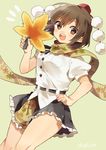  black_hair brown_eyes fan frilled_skirt frills hat leaf leaf_print looking_at_viewer maple_leaf maple_leaf_print open_mouth ponpoko puffy_short_sleeves puffy_sleeves scarf shameimaru_aya short_hair short_sleeves simple_background skirt smile solo tokin_hat touhou 