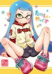  baseball_jersey bike_shorts blue_hair blush clothes_writing cover cover_page domino_mask doujin_cover eyebrows green_eyes inkling long_hair mask mochimomomo pointy_ears shoes sitting sneakers solo splatoon_(series) splatoon_1 spread_legs tentacle_hair 