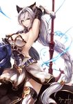  animal_ears arm_up armor armored_dress armpits artist_name belt blue_bow blue_neckwear boots bow bowtie braid breasts brown_eyes cat_ears cleavage erune gauntlets granblue_fantasy hair_between_eyes hair_tubes heles kyouya_(mukuro238) large_breasts long_hair looking_at_viewer low_twintails polearm side_slit sideboob silver_hair simple_background single_braid smile solo tail thigh_boots thighhighs thighs twintails very_long_hair weapon 
