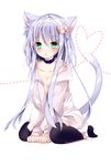  :o animal_ears aqua_eyes artist_name bad_id bad_pixiv_id between_legs blush breasts cat_ears cat_tail choker cleavage collarbone crescent crescent_hair_ornament crescent_moon_pin hair_between_eyes hair_ornament hand_between_legs heart kantai_collection kemonomimi_mode long_sleeves looking_at_viewer nanase_nao no_bra open_clothes open_shirt parted_lips purple_hair shirt short_hair_with_long_locks sidelocks simple_background sitting small_breasts solo tail thighhighs wariza white_background yayoi_(kantai_collection) zettai_ryouiki 
