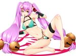  ashikama bare_shoulders barefoot bell bikini breasts choker covered_nipples fingerless_gloves full_body gloves hair_bell hair_ornament highres hyakka_ryouran_samurai_girls leg_garter long_hair looking_at_viewer low-tied_long_hair lying naoe_kanetsugu_(hyakka_ryouran) navel on_side open_mouth purple_hair simple_background small_breasts solo spread_legs swimsuit twintails very_long_hair white_background yellow_eyes 