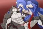  abs athletic black_fur blue_fur blue_hair burokuso canine clenched_teeth clothing duga duo featureless_crotch fundoshi fur grey_fur hair hi_res long_hair lying male male/male mammal multicolored_fur muscular nude on_back purple_eyes red_background rouen scar shining_(series) shining_force_exa shining_tears simple_background smile sourou_cerulean_wolf teeth two_tone_fur underwear undressing video_games white_fur wolf 