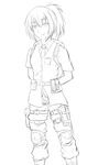  androth arms_behind_back backpack bag blush boots greyscale highres holster knee_pads looking_at_viewer monochrome original ponytail sketch smile solo 