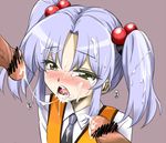  2boys bad_id bad_pixiv_id blue_hair censored cum cum_in_mouth cum_on_clothes cum_on_hair cum_string facial hair_bobbles hair_ornament hetero hoshino_ruri kidou_senkan_nadesico long_hair multiple_boys multiple_penises necktie open_mouth ore_no_kome penis sidelocks solo_focus twintails upper_body vest yellow_eyes 